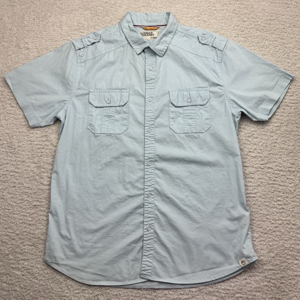 FREE PLANET Men's Size XL Button up‎ Collared Short Sleeve Blue Casual Shirt
